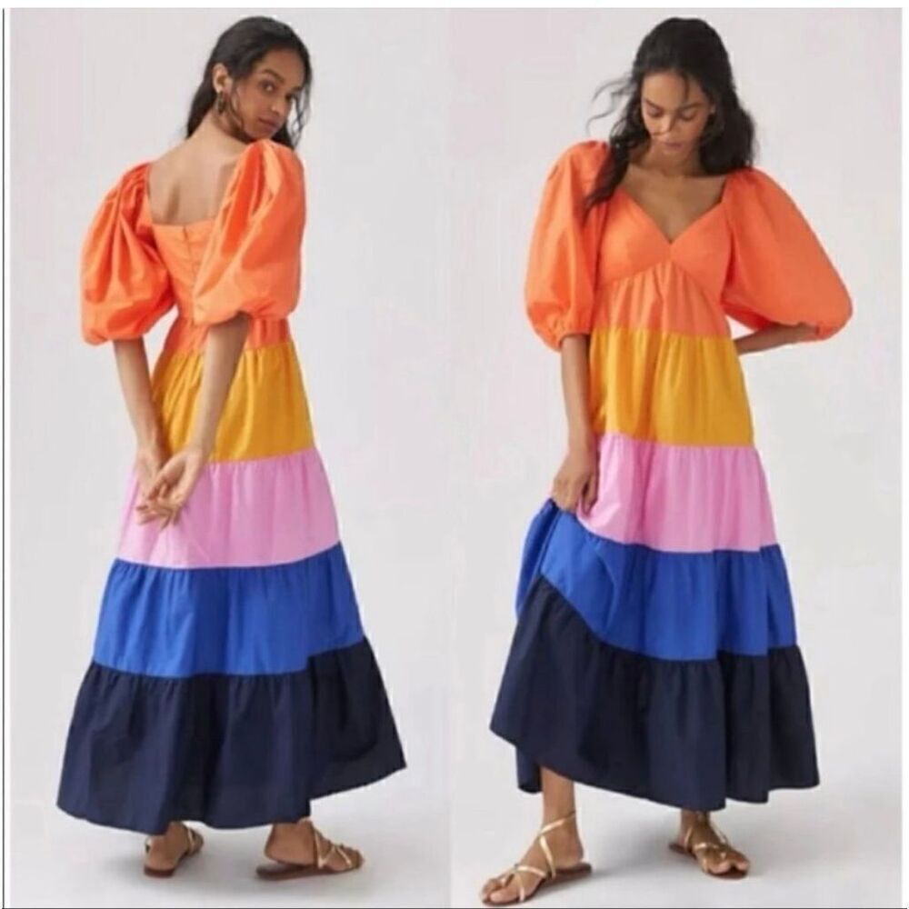 Anthropologie Farm Rio Size S Puff Sleeve Tiered Maxi Dress Colorblock Stripe
